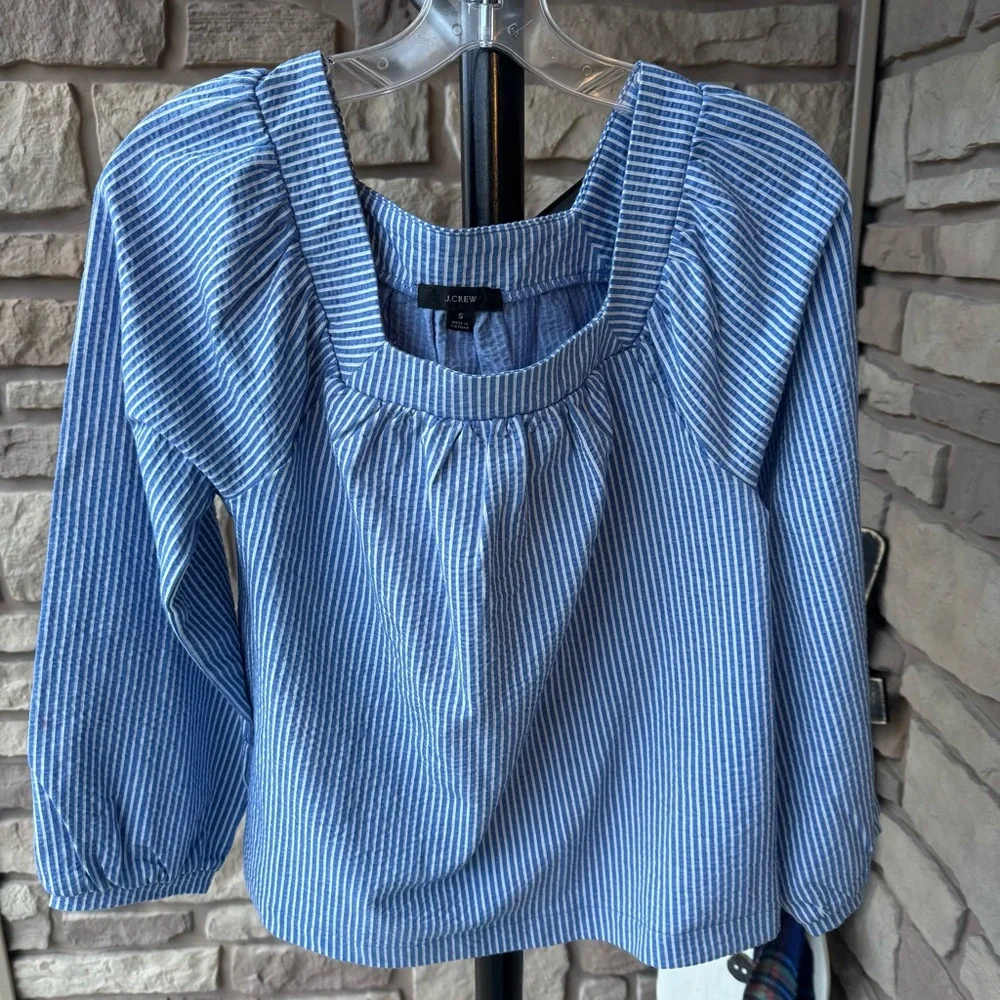 J. Crew Seersucker Striped Square Neck Top